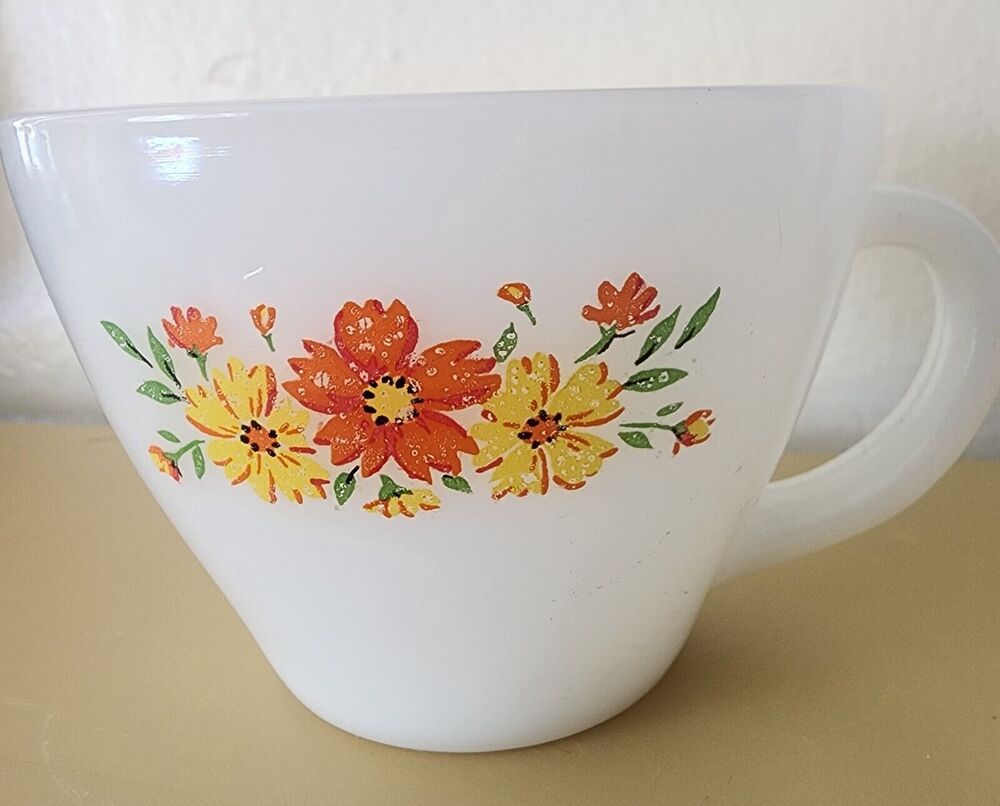 Anchor Hocking Fire King Yellow Orange Floral Tea Cup Flowers USA See Pic.